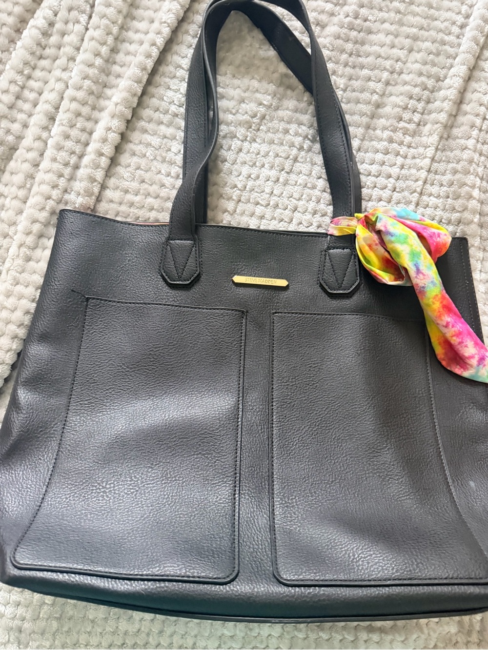 Steve Madden Black Leather Tote Bag with Front Pockets